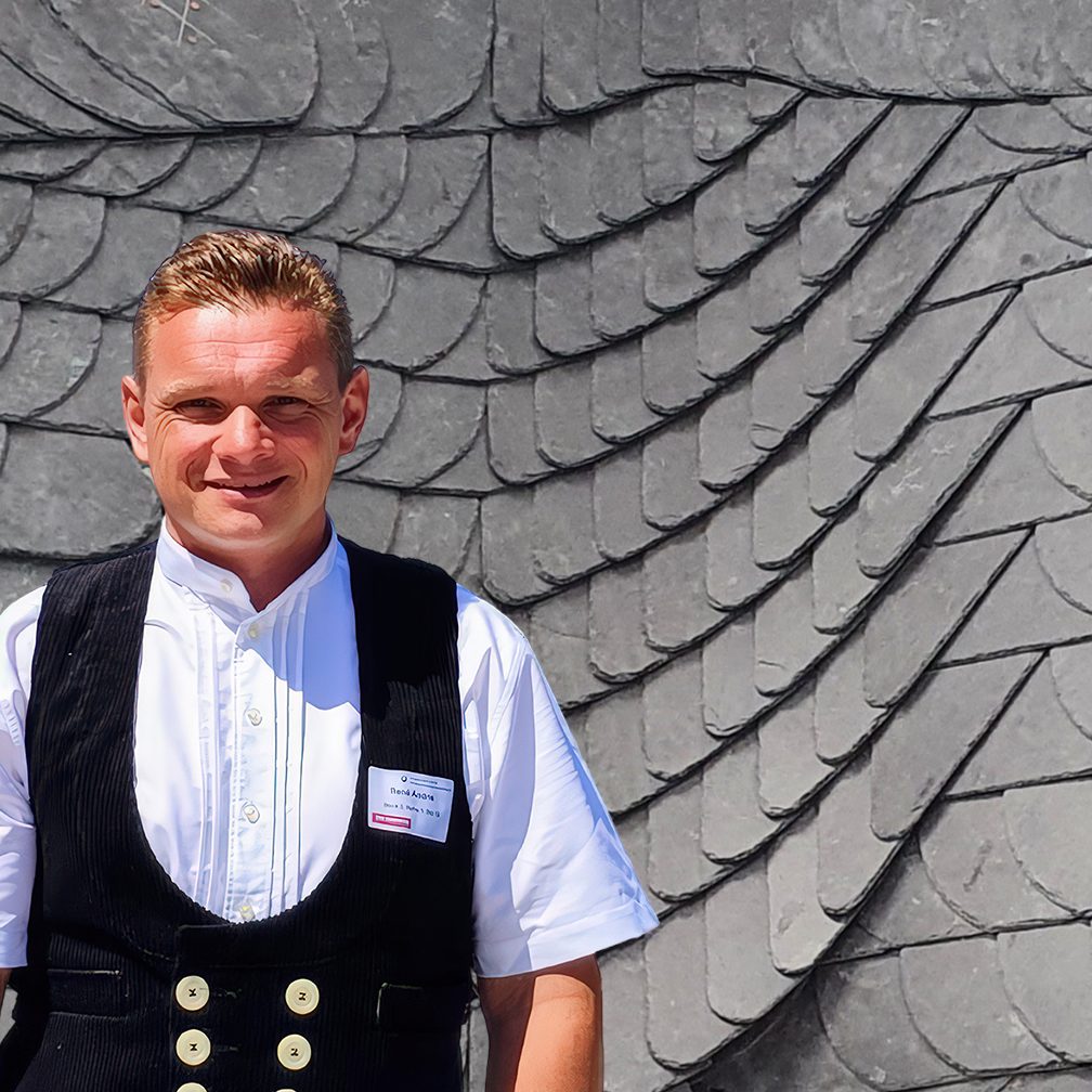 René Andris in Zunftkleidung vor einer Schieferwand